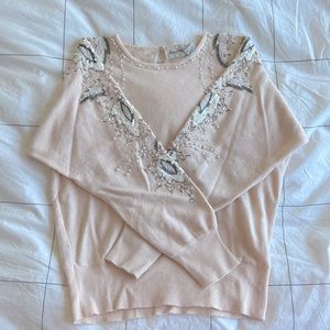 VINTAGE beautiful blush sweater with pearl and bead detail sleeves